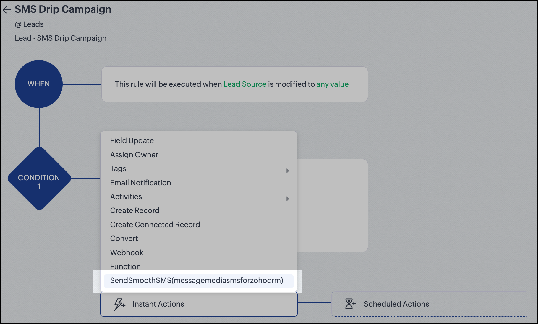Sélectionnez Send Smooth SMS dans le menu déroulant Actions instantanées.