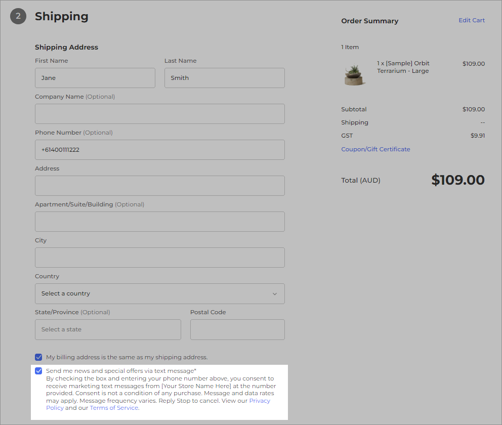 Consentement au marketing par SMS sur BigCommerce.