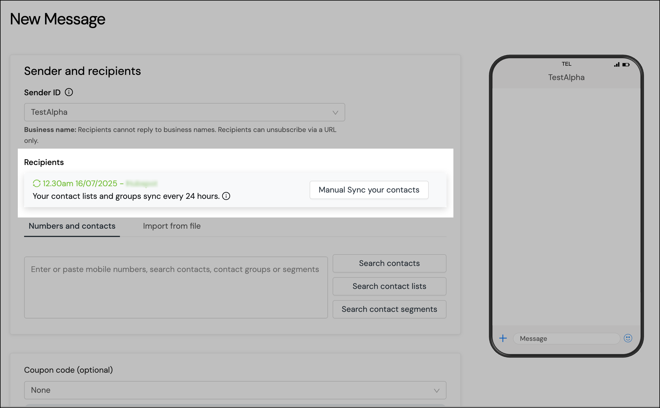 Synchronisation manuelle des contacts - Nouveau message.
