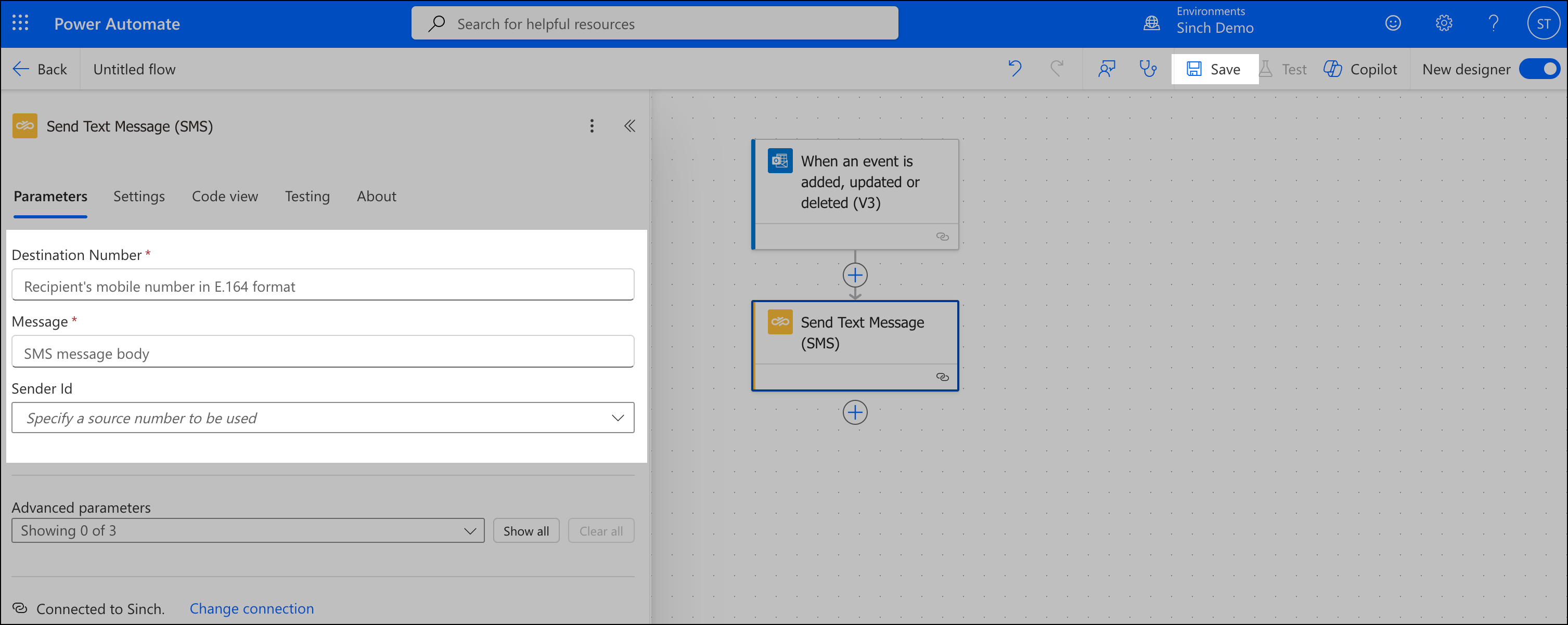 Configura los parámetros SMS en el flujo de trabajo de Power Automate.