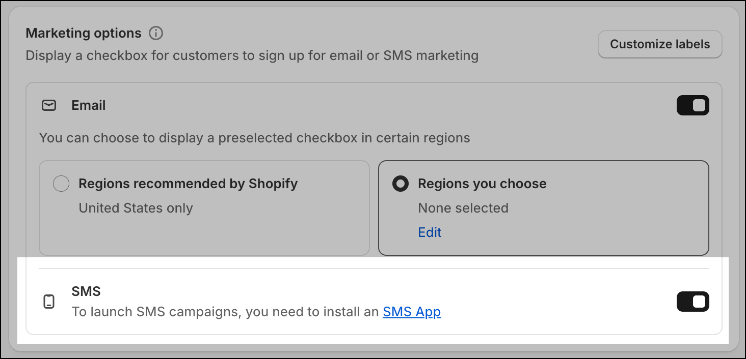 Activation de l'option SMS dans les options marketing des paramètres de la boutique Shopify.