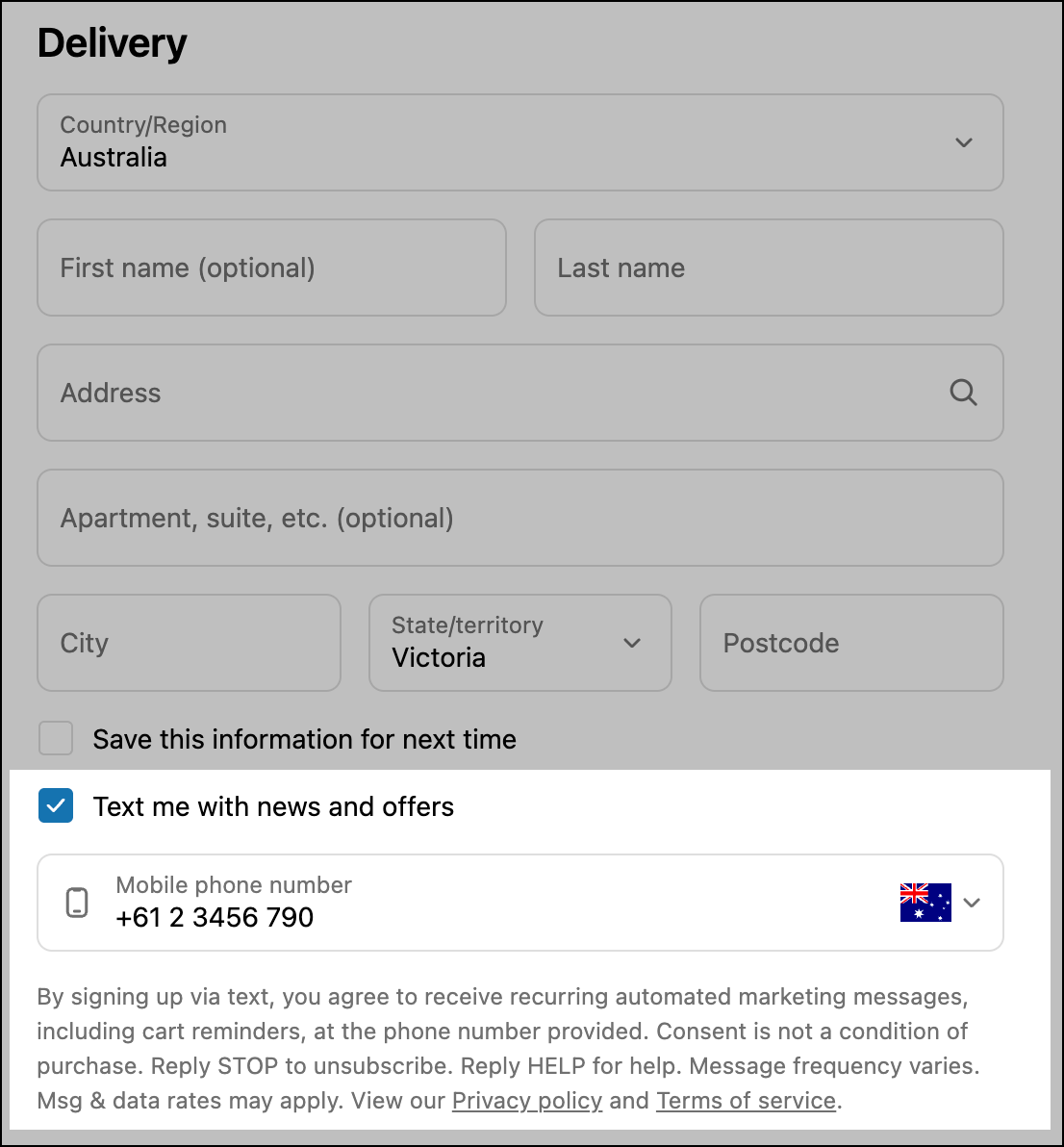 La page de paiement de Shopify permet aux clients d'opter pour le marketing par SMS.