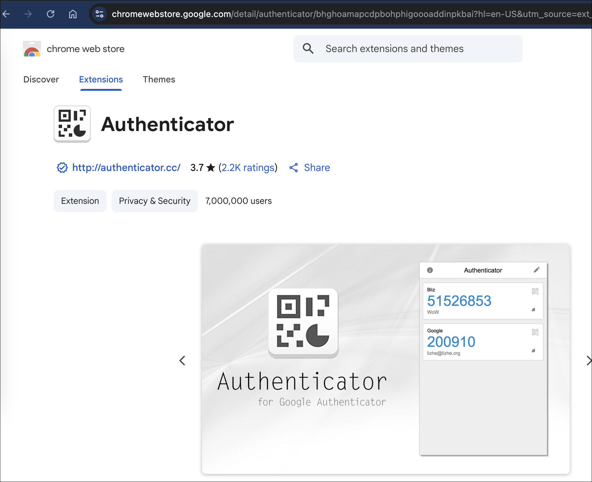 Capture d'écran montrant l'extension Chrome Authenticator.