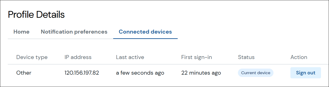 Capture d'écran de l'onglet des appareils connectés.