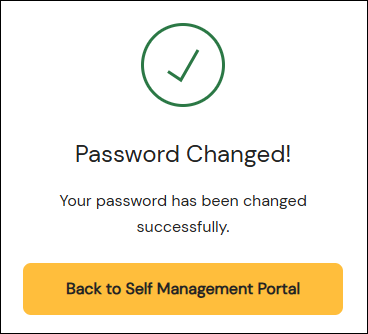 Capture d'écran de la fenêtre de confirmation "Mot de passe modifié" et du lien pour retourner au portail de gestion en libre-service Sinch ID