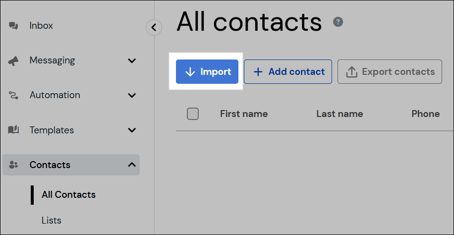Screenshot, der die Position der Schaltfläche "Importieren" zeigt.