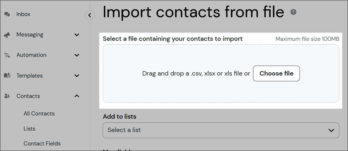 Screenshot des Dateiupload-Fensters.