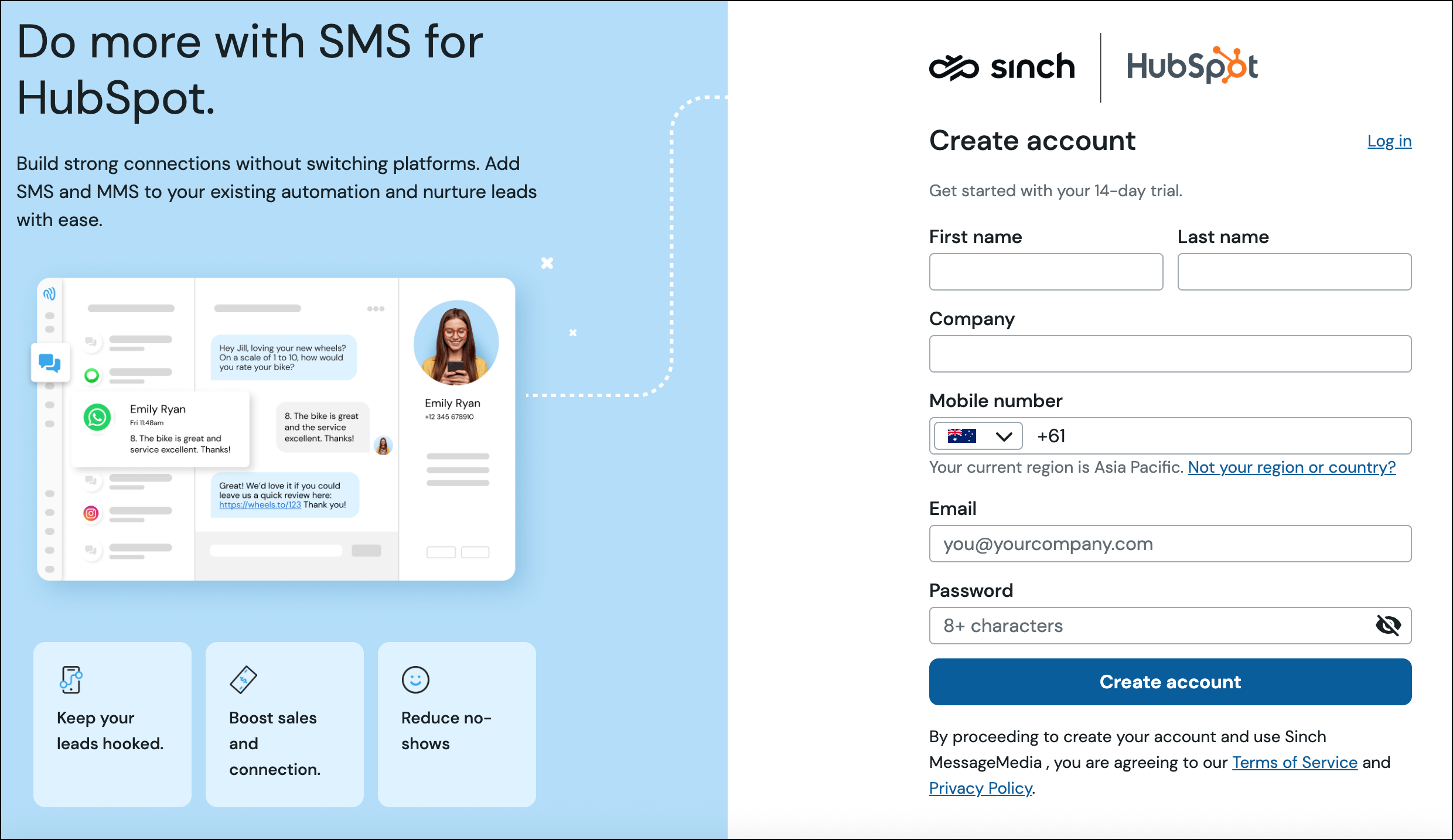 Inscrivez-vous et installez HubSpot avec Sinch.