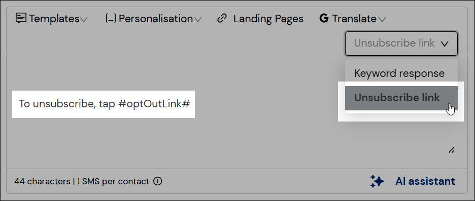 Desplegable del enlace para darse de baja en la captura de pantalla del editor de mensajes