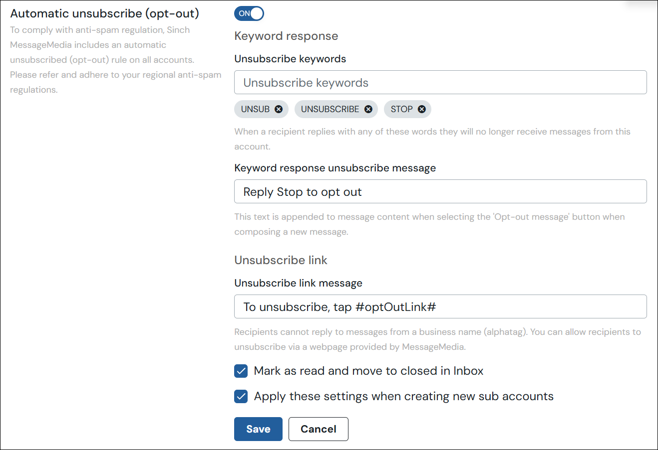 Capturas de pantalla de la página de configuración de la baja automática (opt-out)