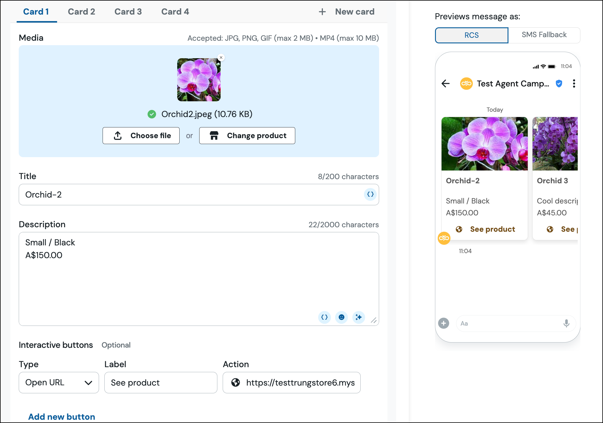 Détails du produit du carrousel RCS e-commerce et prévisualisation RCS.