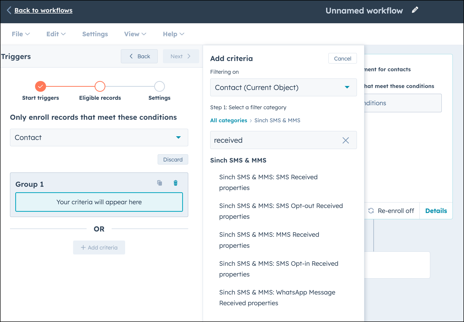 Sélectionnez Sinch SMS et MMS : propriétés des SMS reçus dans l'écran de configuration du workflow.