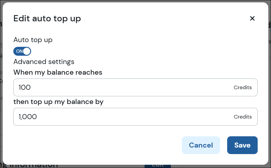Screenshot Modal automatisches Aufladen
