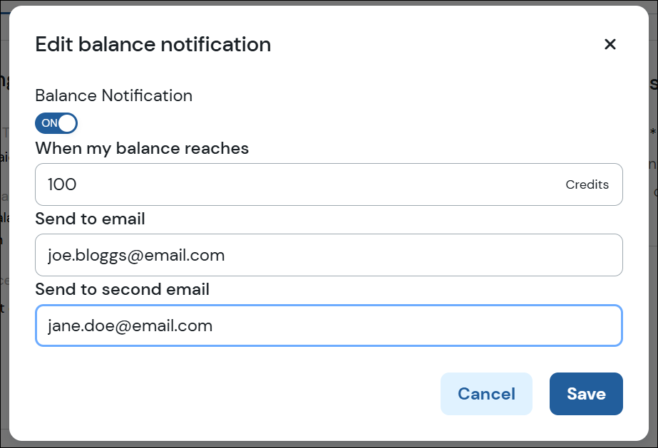 Screenshot Modal Guthaben-Benachrichtigung.