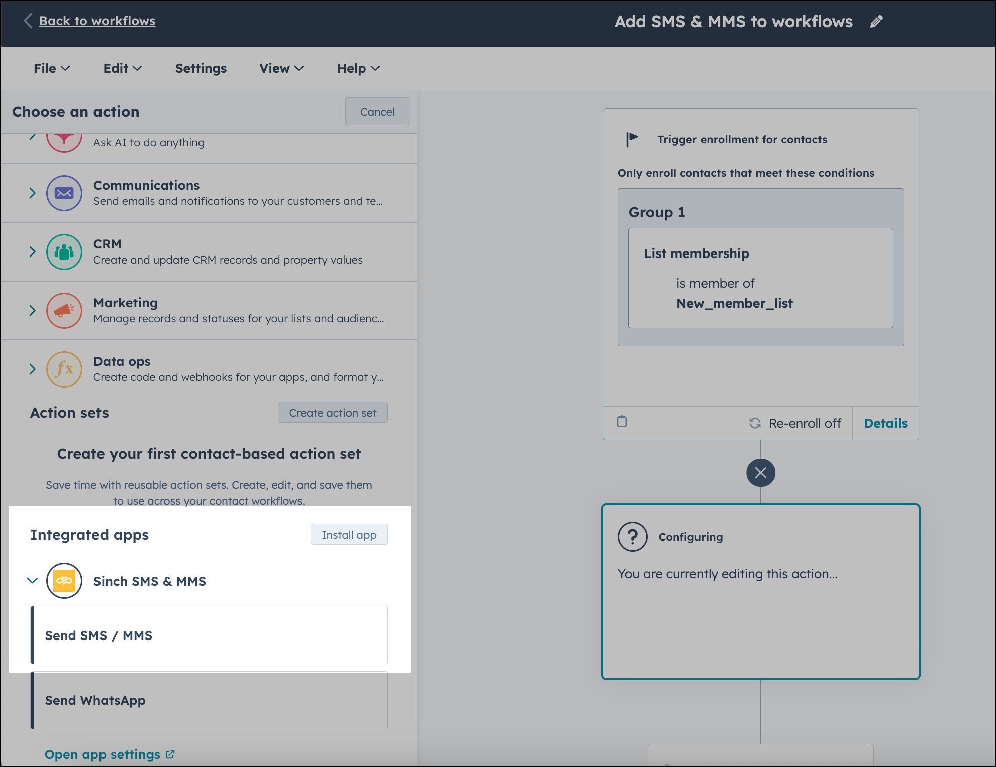 Fügen Sie Sinch SMS & MMS zu HubSpot-Workflows hinzu, wenn Sie Aktionen konfigurieren.