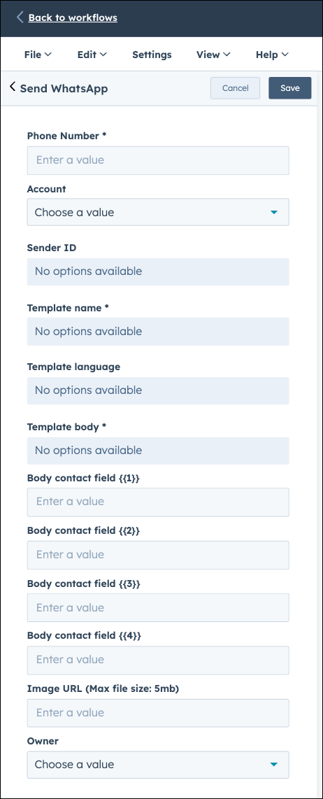 HubSpot WhatsApp-Felder in der Workflow-Einrichtung.