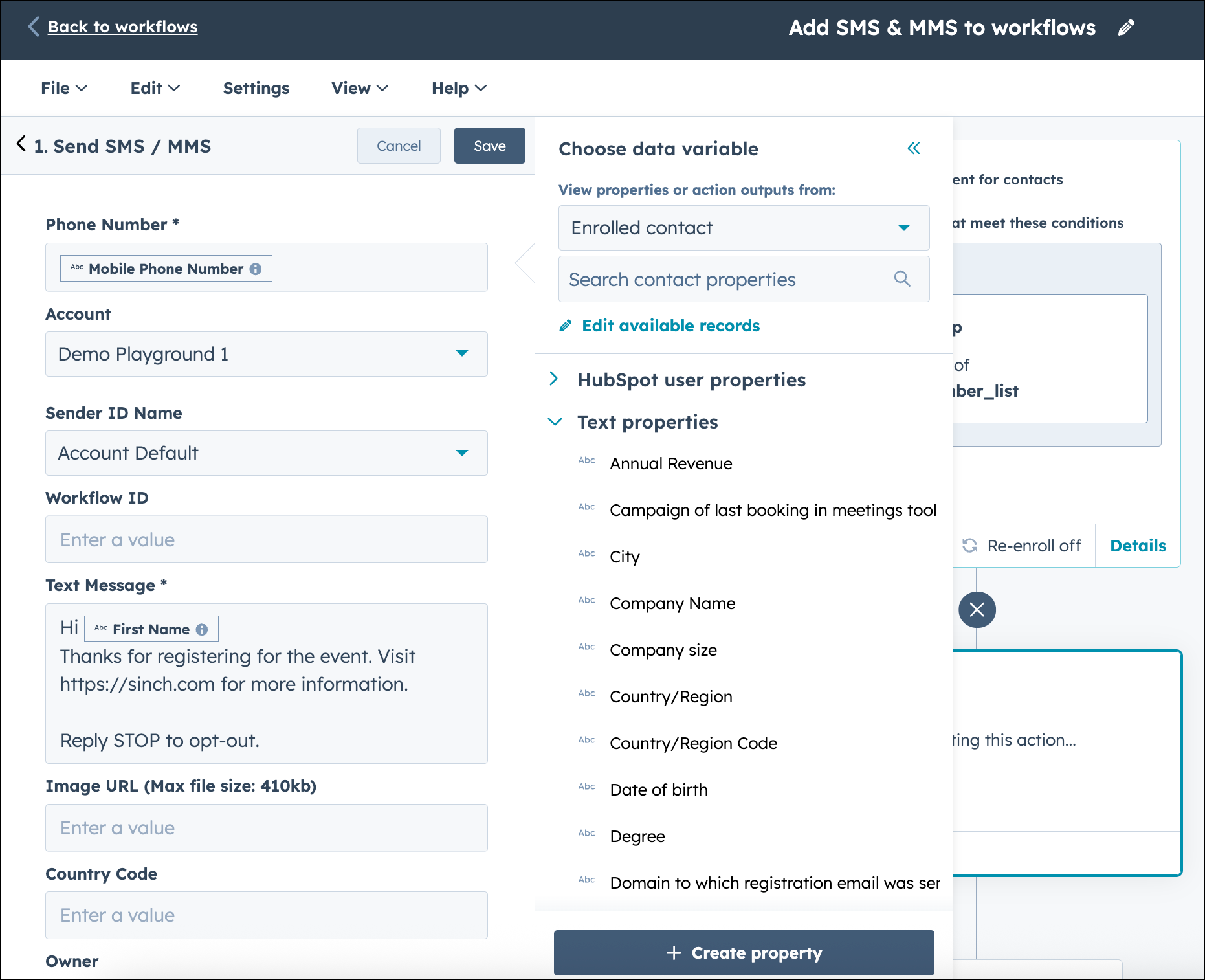 Konfigurieren Sie die SMS & MMS-Aktion im HubSpot-Workflow.