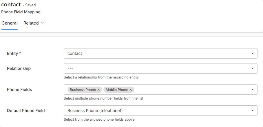Exemple de contact de mappage de champ de téléphone Dynamics.