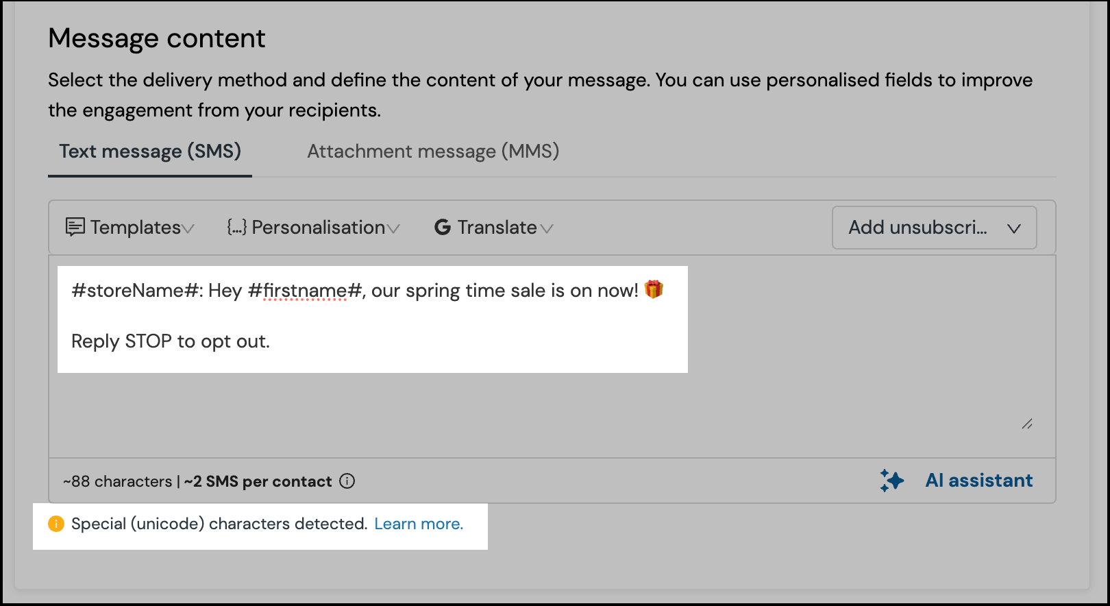 Alerte de détection de caractères spéciaux Unicode sur la plateforme Sinch
