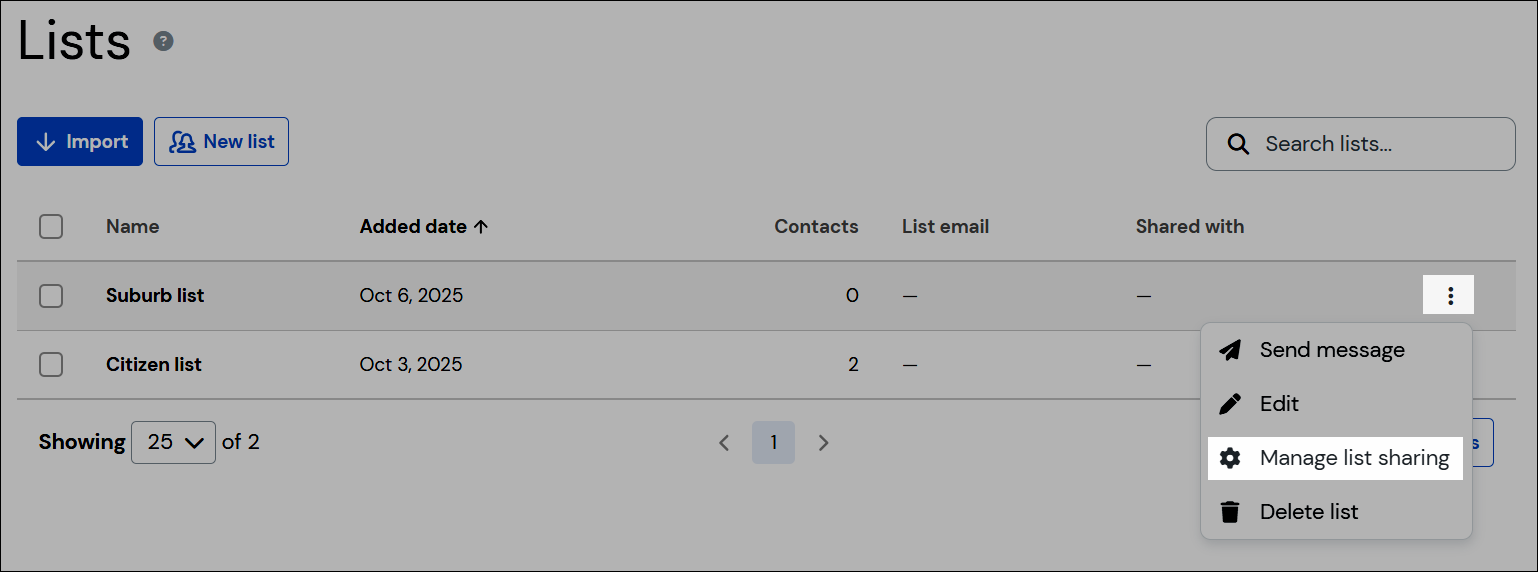 Navigation pour le partage de listes