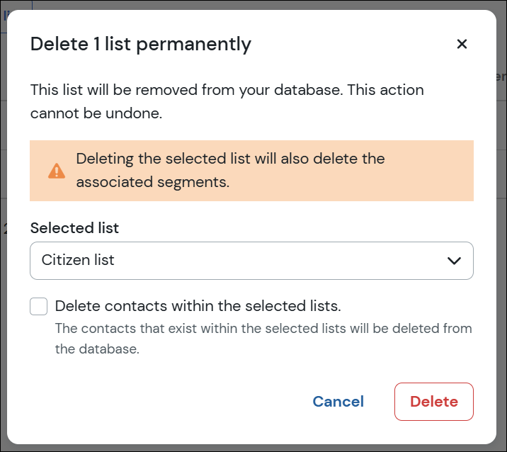 Fenêtre modale de suppression de la liste