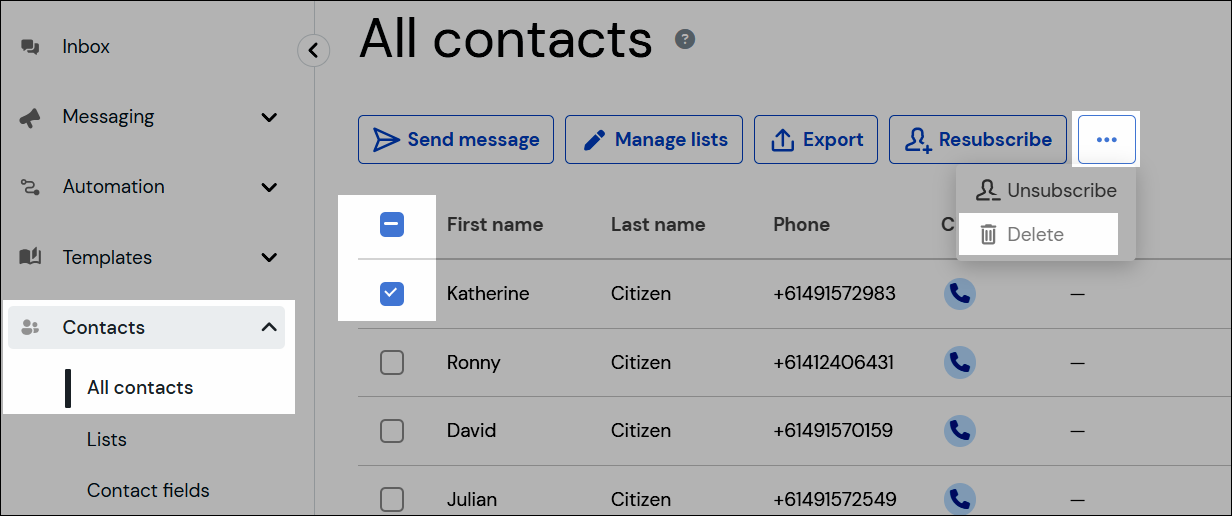 Navegación para eliminar contacto