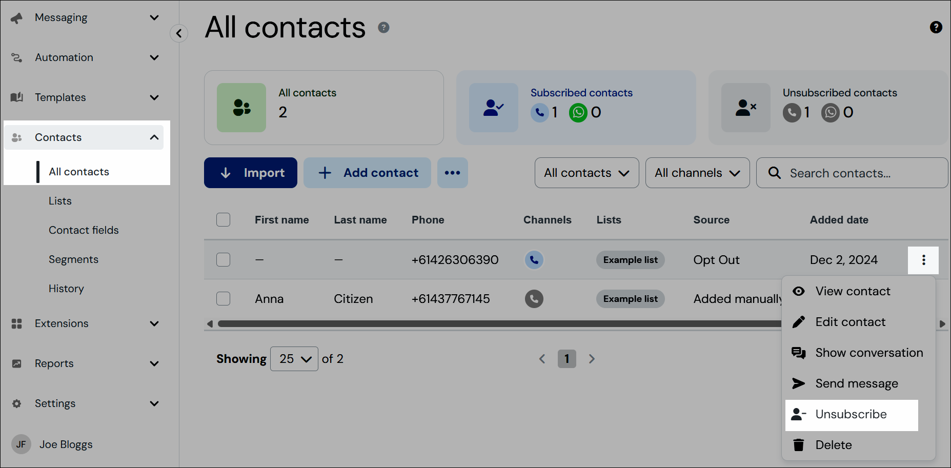 Captura de pantalla de navegación para dar de baja a un contacto individual.