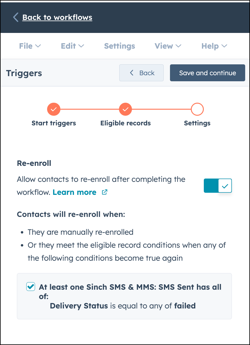 Flujo de trabajo de HubSpot: opción de resuscripción activada.