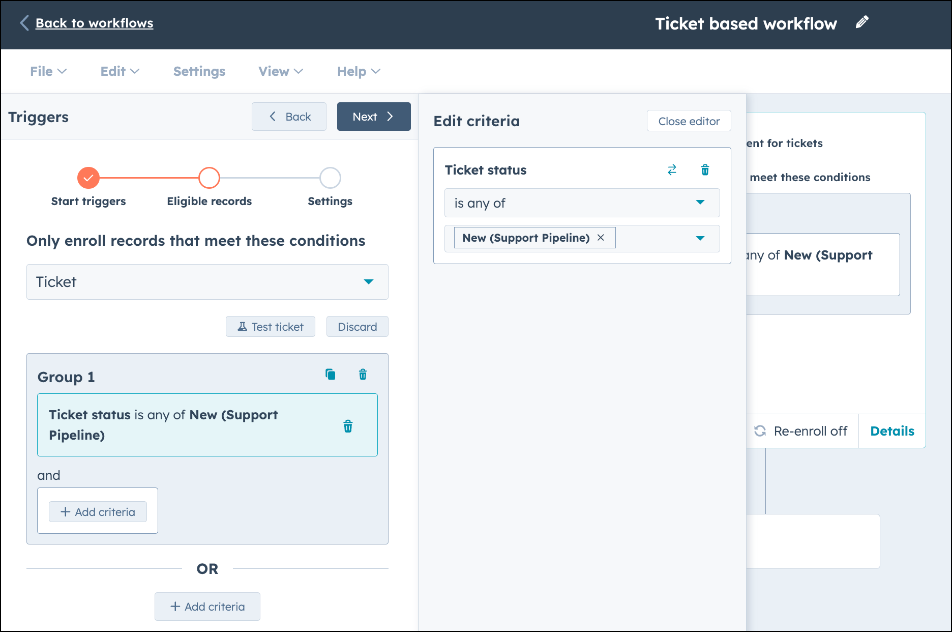 Flujo de trabajo basado en tickets en HubSpot.
