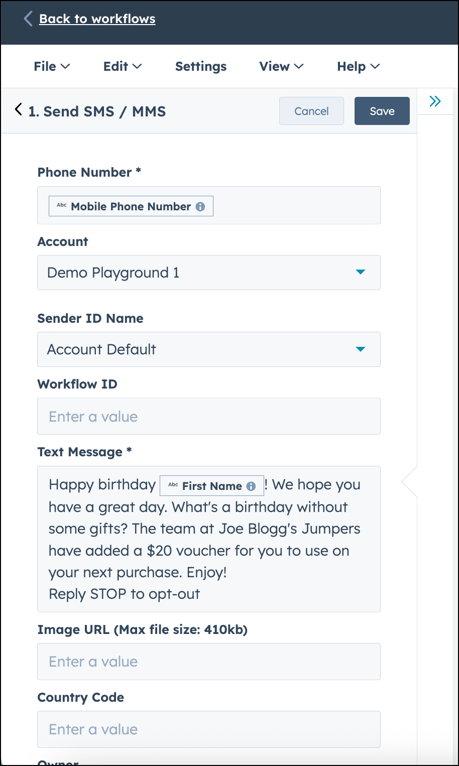 Envoyez des SMS ou MMS d'anniversaire dans le scénario HubSpot.