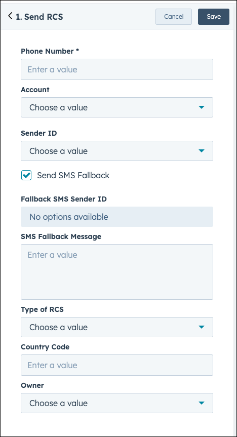 RCS-Eigenschaften in HubSpot - Option SMS-Fallback.