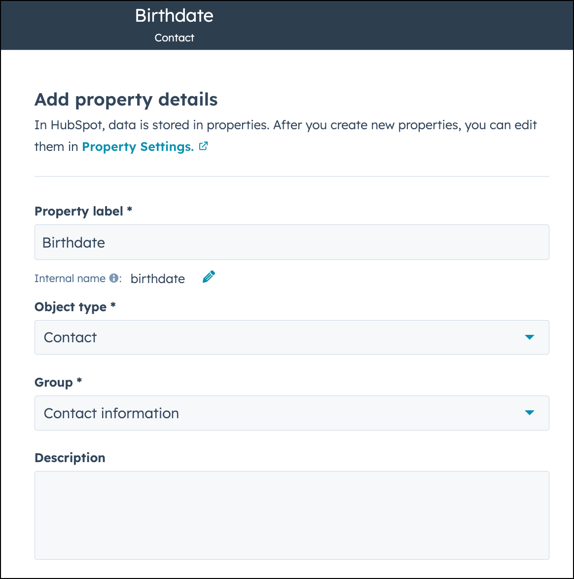 Créez une propriété pour une date importante, écran de configuration dans HubSpot.