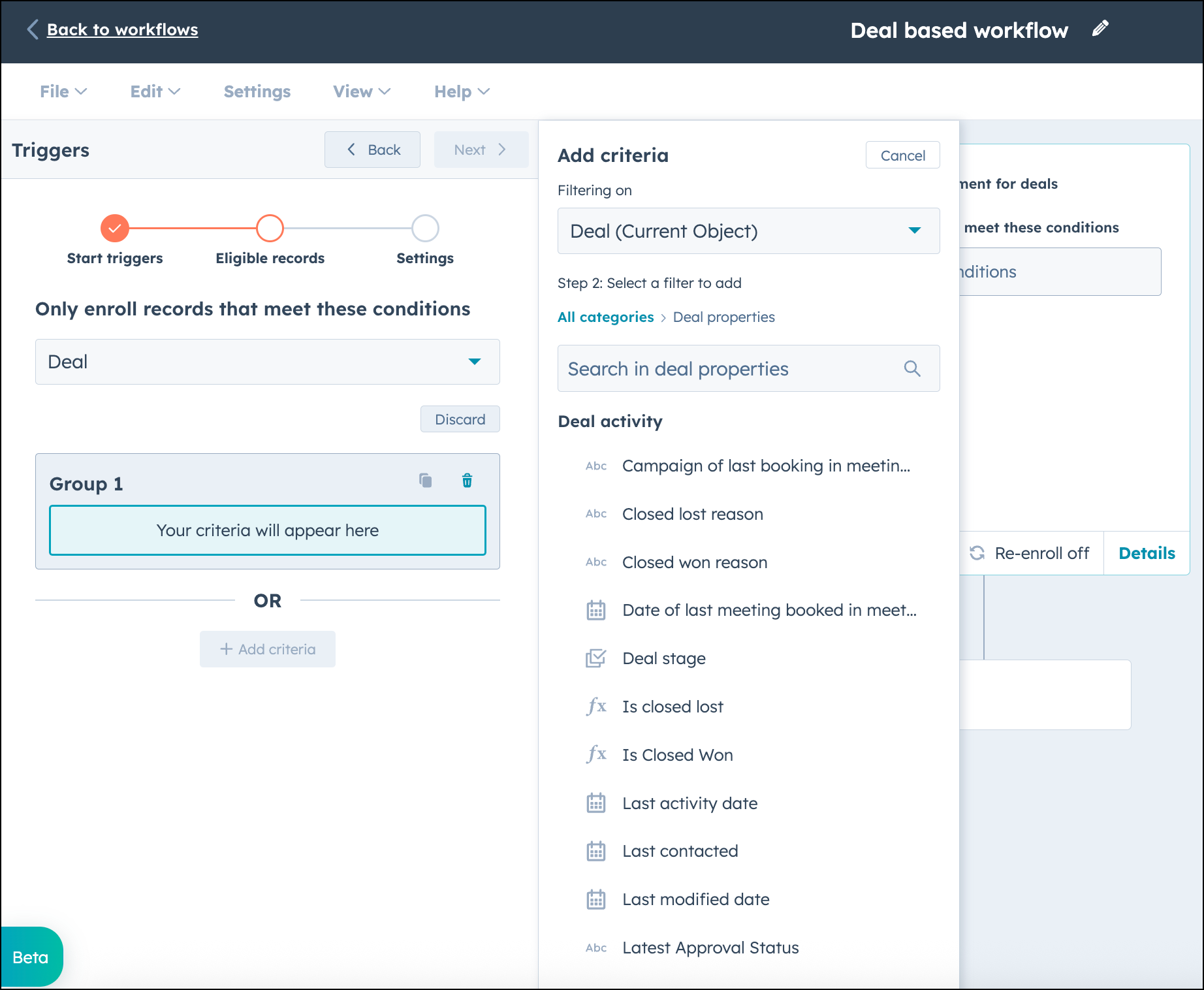 Déclenchement du workflow basé sur la transaction dans HubSpot.