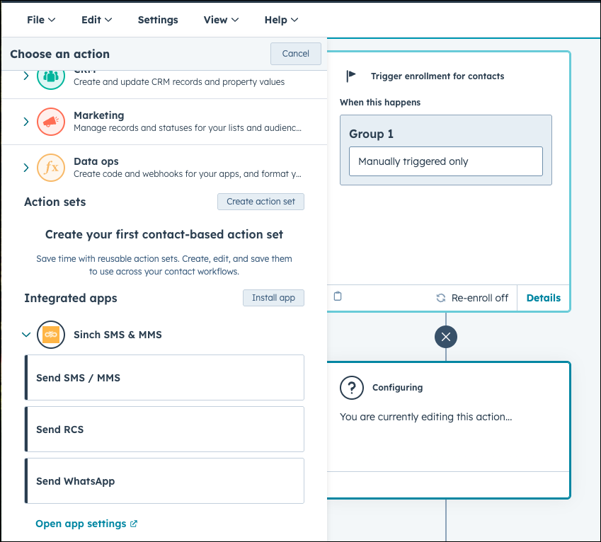 Wählen Sie RCS unter den integrierten Anwendungen von Sinch SMS & MMS in HubSpot.