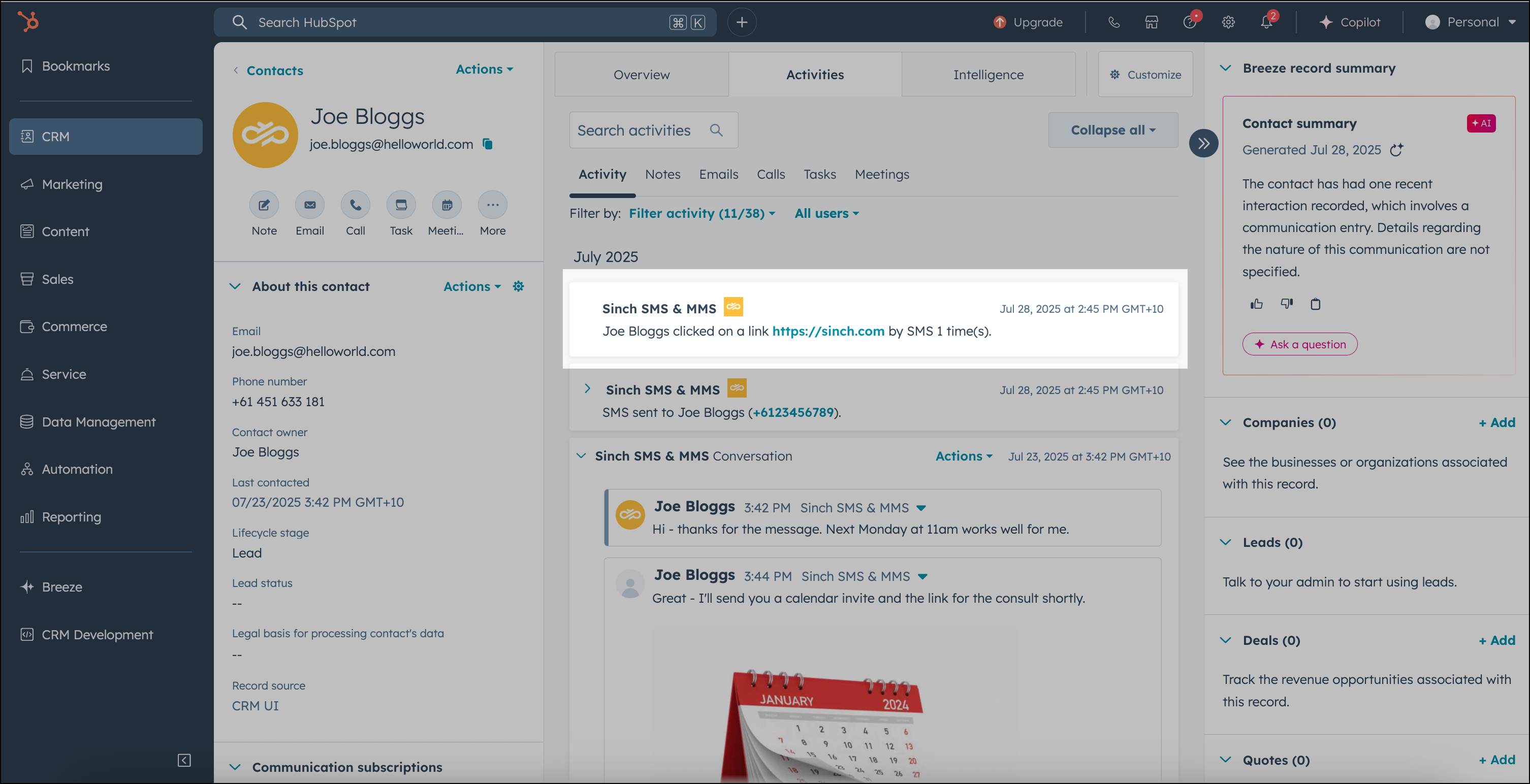 Ansicht von Link-Klick-Informationen auf der Aktivitäts-Zeitleiste eines Kontakts in HubSpot_EN.png