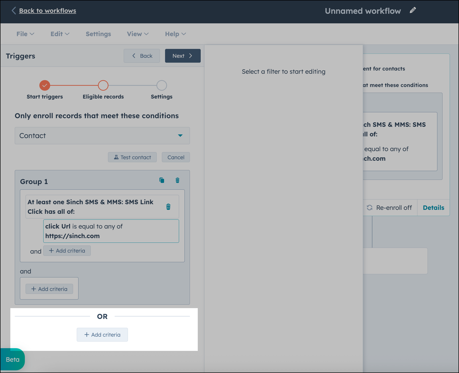Ajoutez des critères pour le nombre minimum de clics dans le scénario HubSpot.