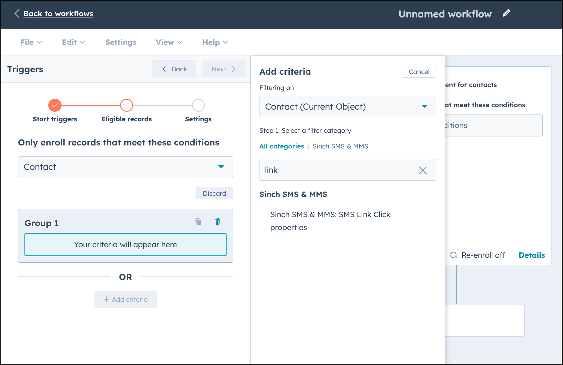 Fügen Sie "SMS-Link-Klick" als Auslöser für einen kontaktbasierten Workflow in HubSpot hinzu