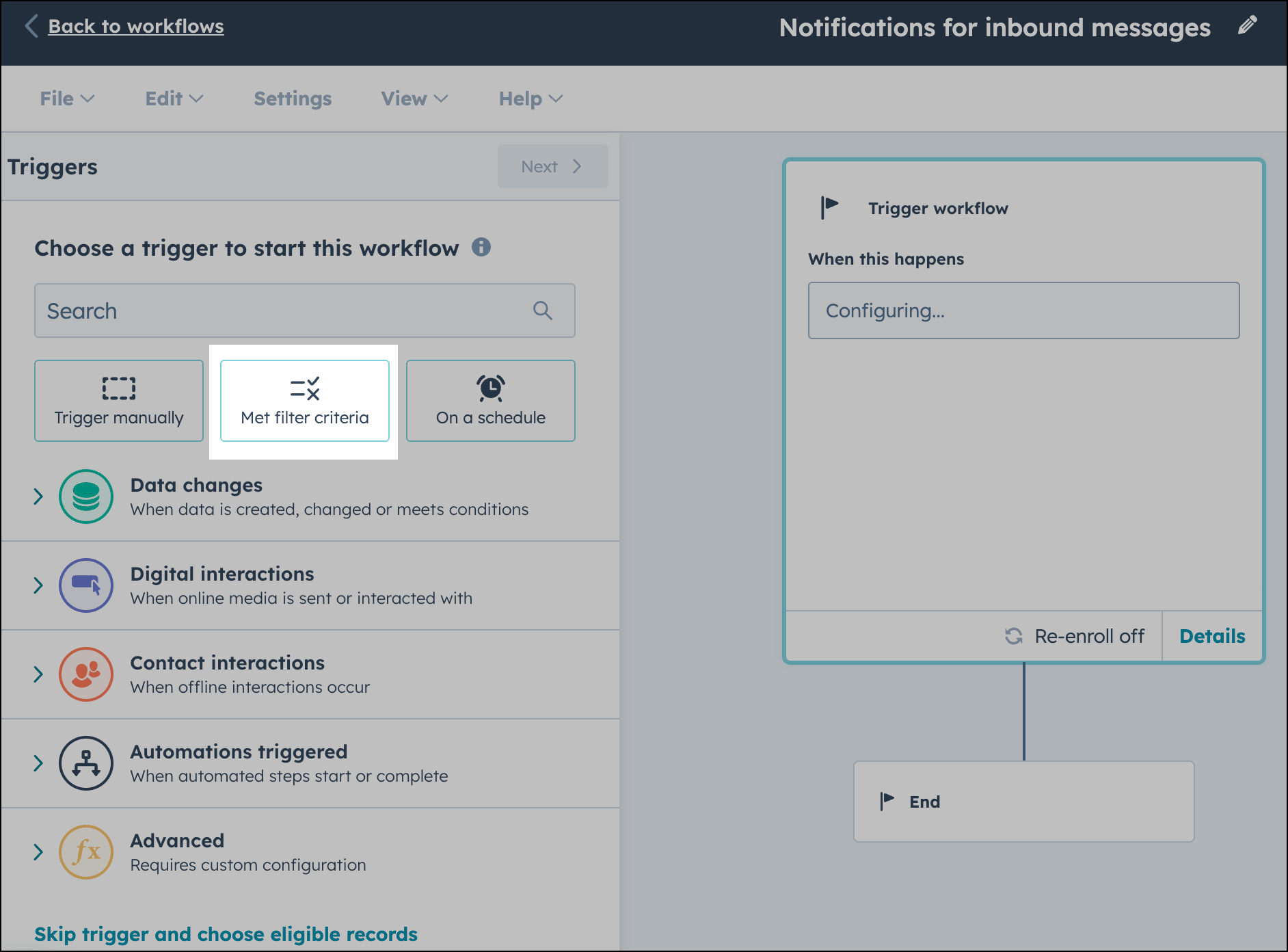 Écran de configuration du workflow HubSpot, l'option Critères de filtrage remplis est sélectionnée.
