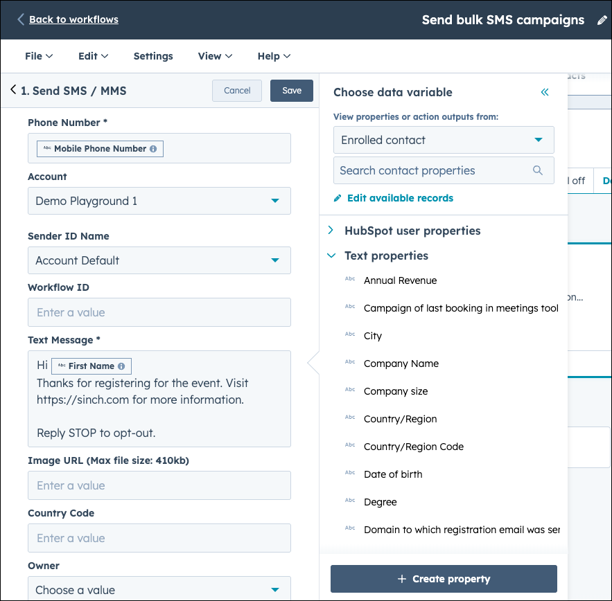 Écran de configuration des campagnes d'envoi de SMS et de MMS dans HubSpot.
