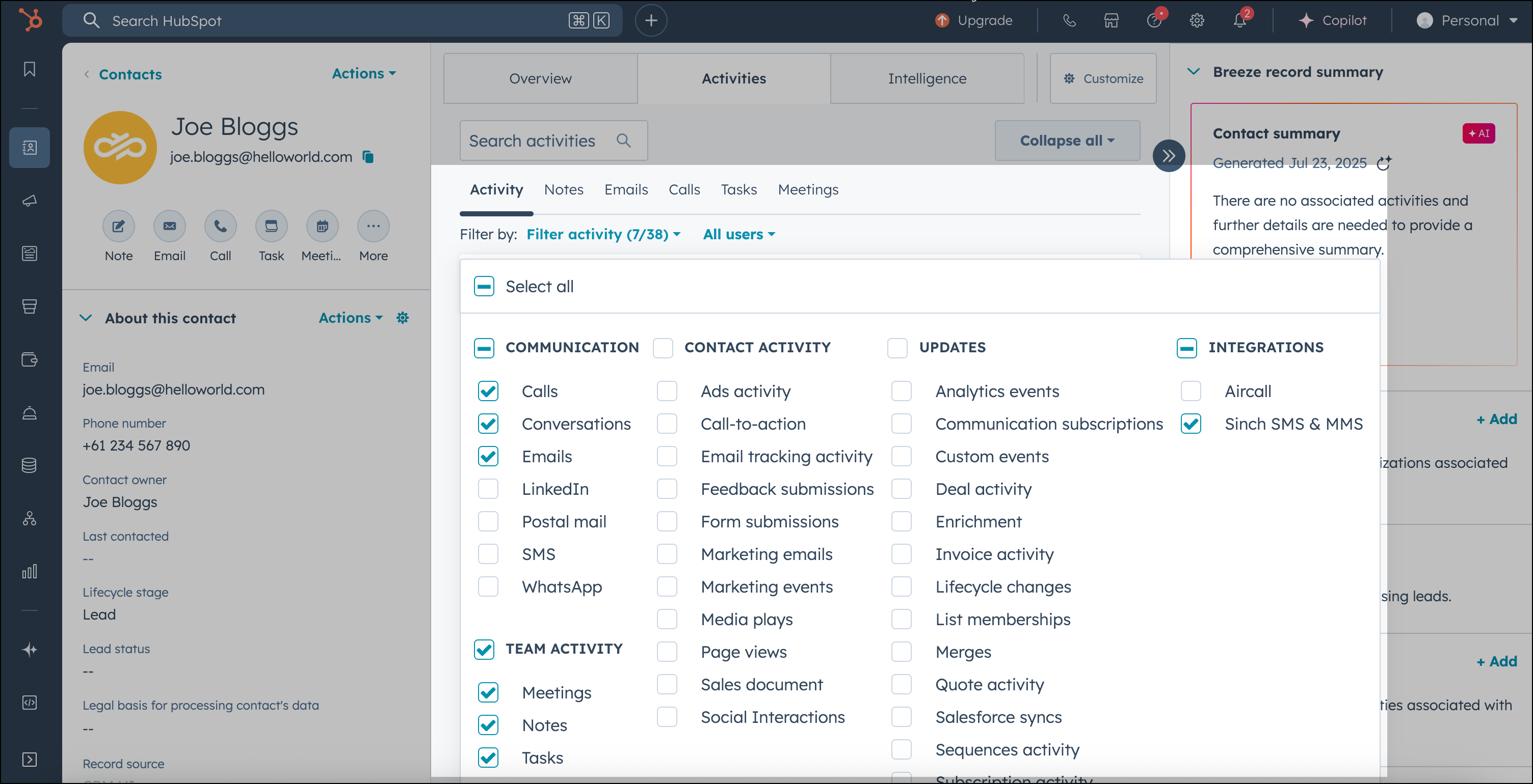 Onglet d'activité dans l'enregistrement d'un contact dans HubSpot.