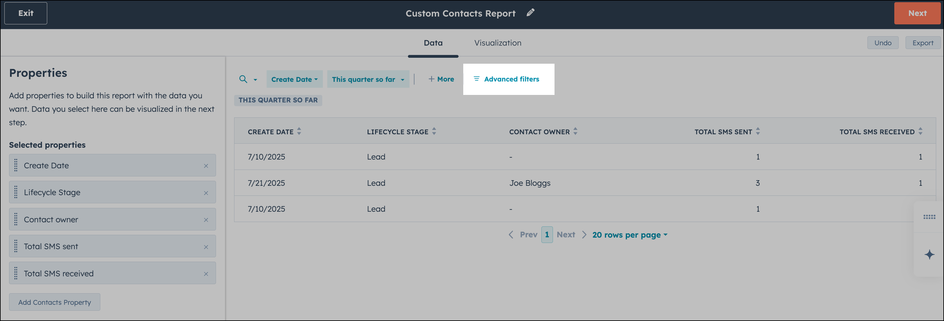 Option de filtres avancés dans un rapport HubSpot.