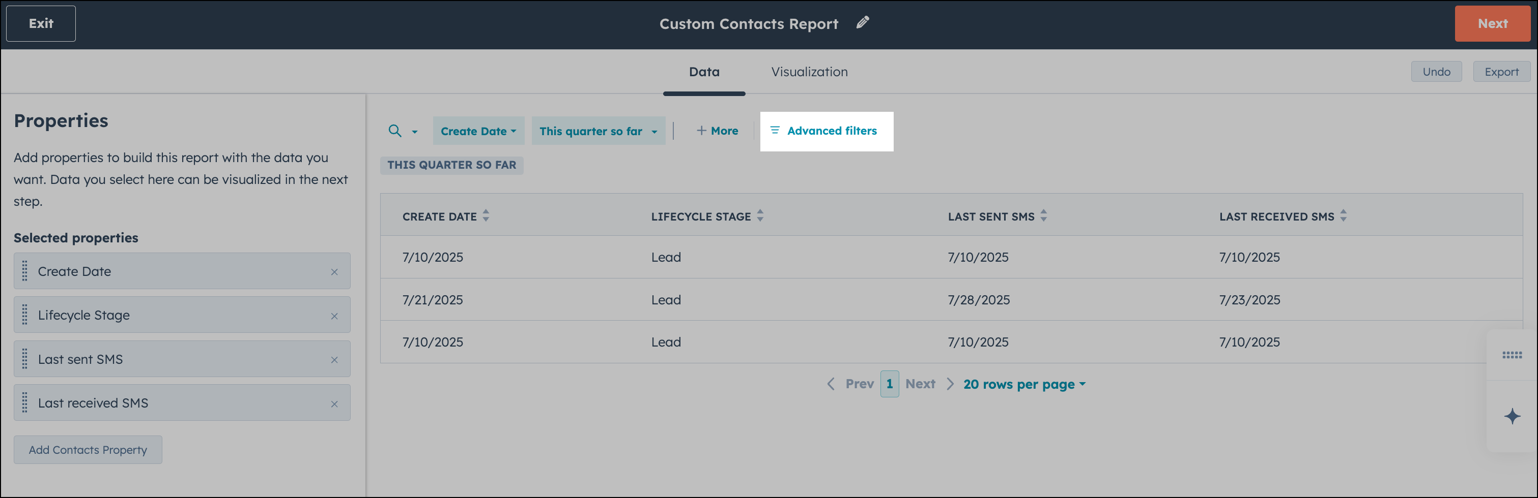 Option de filtres avancés dans un rapport HubSpot.