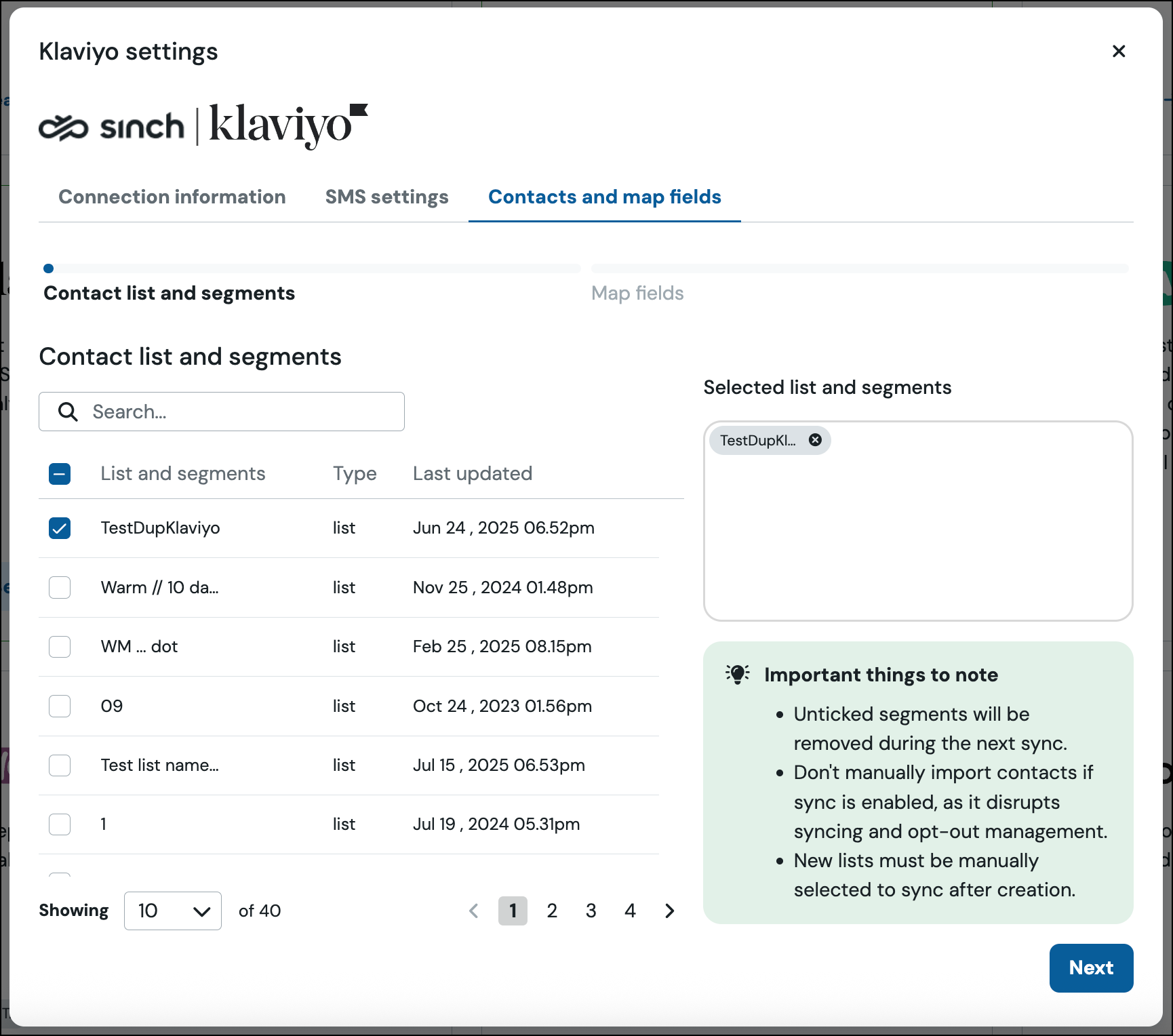 Configuración de contactos y campos de asignación de Klaviyo.