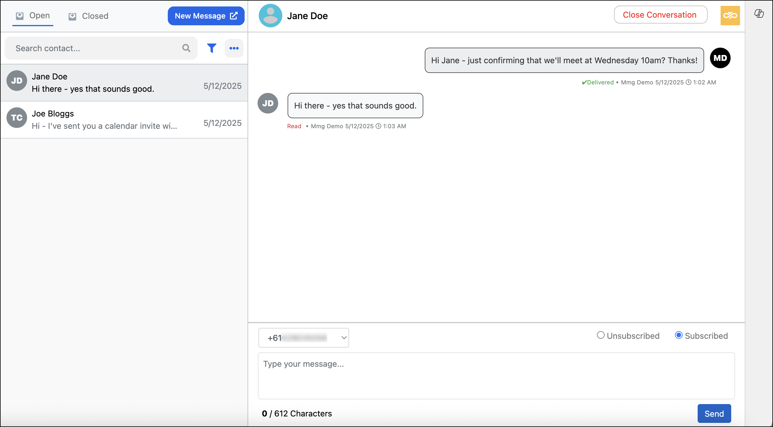 SMS Dynamics – Posteingang für Konversationen.