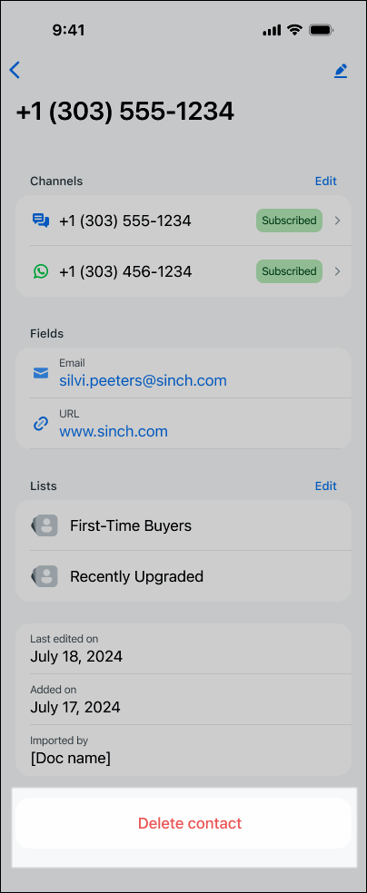 Screenshot, der die Schaltfläche „Kontakt löschen“ zeigt, die sich am unteren Rand des Kontaktdatensatzes befindet