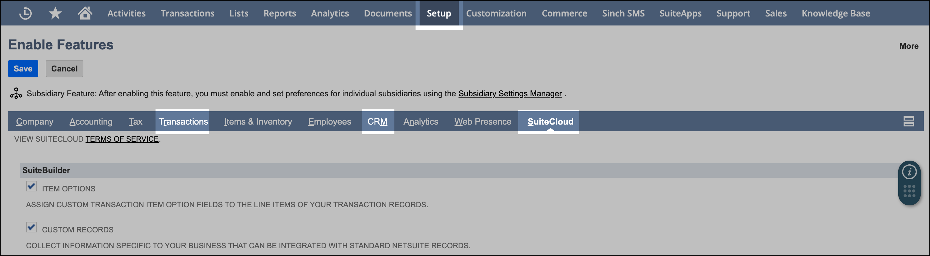Activer les fonctionnalités de NetSuite.