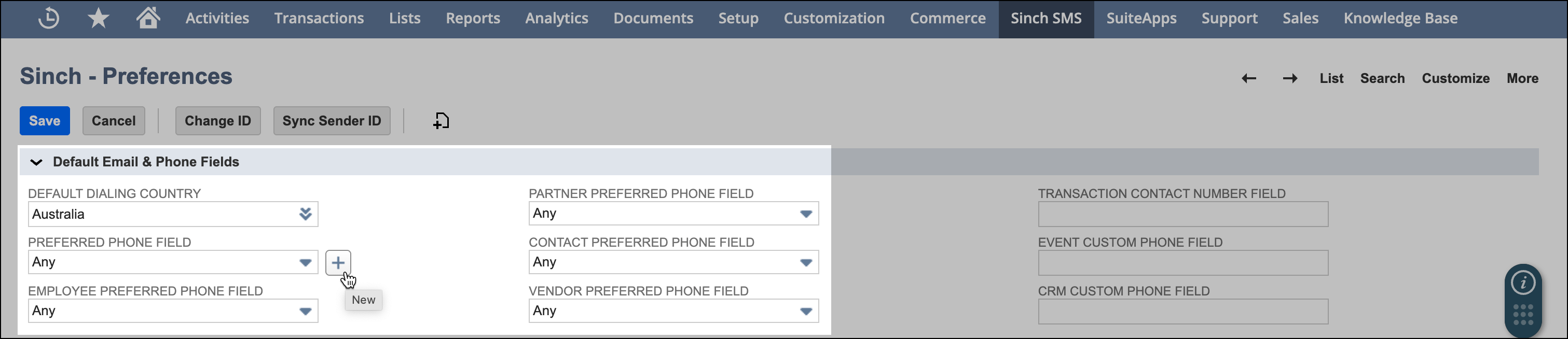 Standard-Telefonfelder.