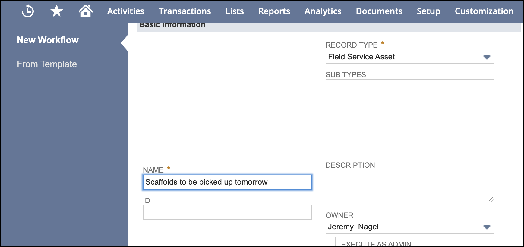 Neuer Workflow für Field Service Assets.