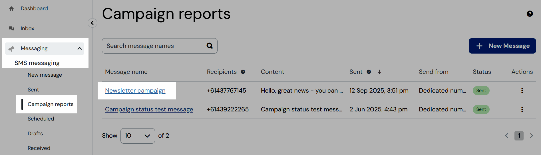 Screenshot Navigation Kampagnenberichte