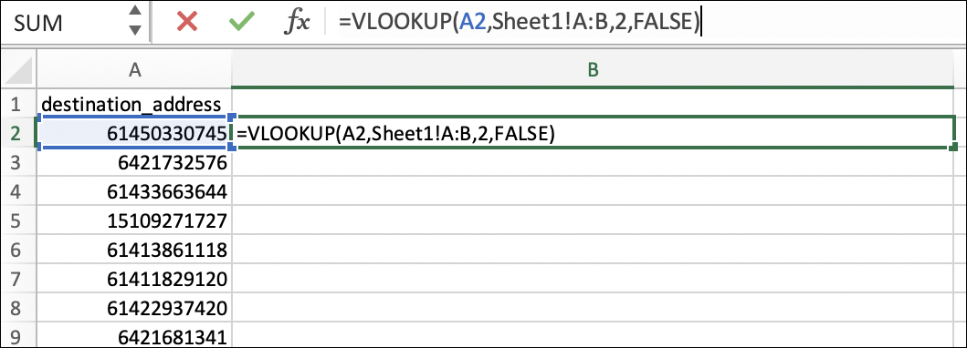 Capture d'écran de la formule Vlookup